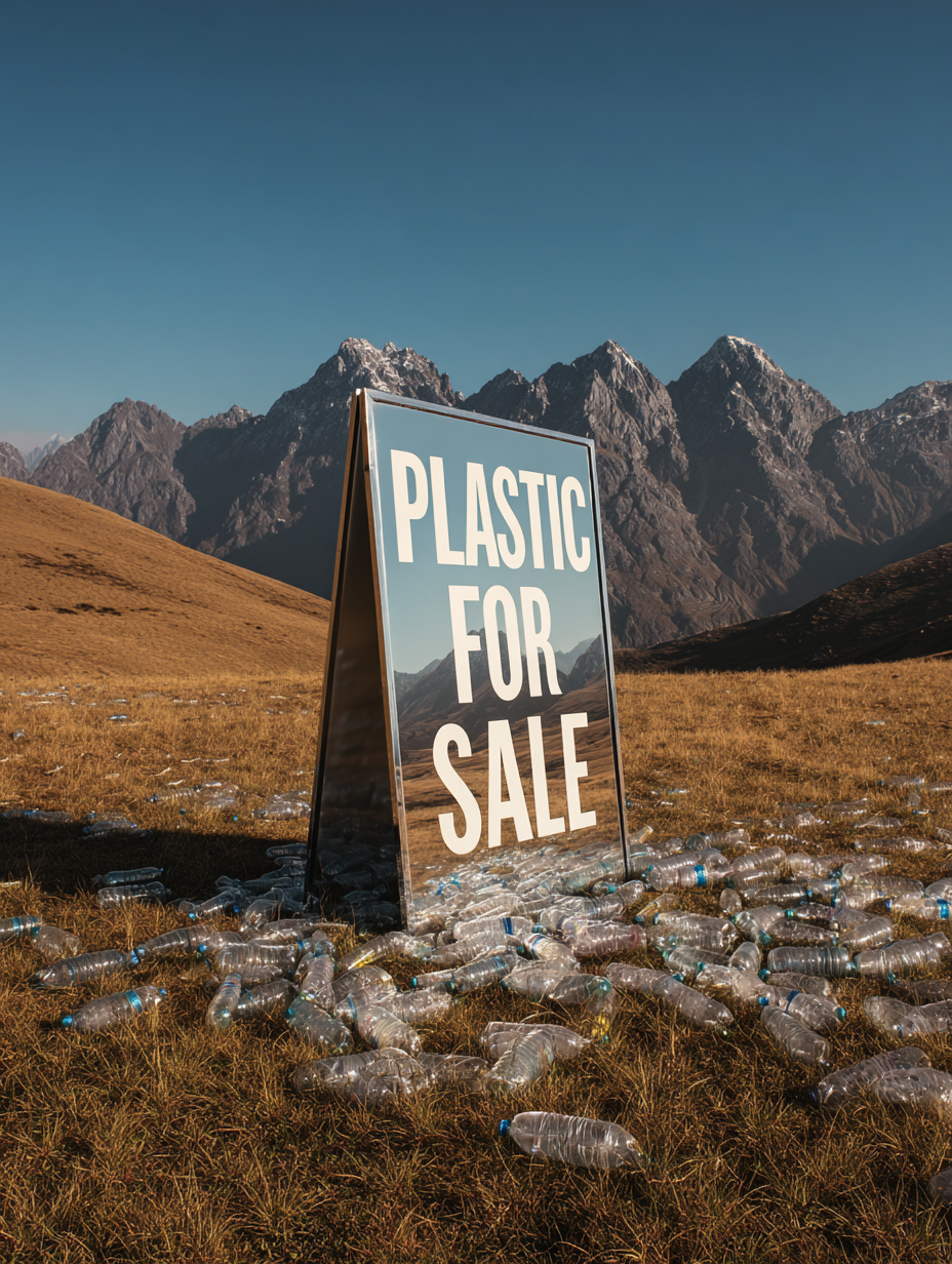 Plastic for sale sign in mountain landscape surrounded by discarded plastic bottles